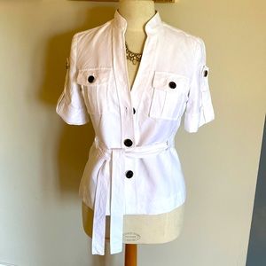 White linen blend Alfani short sleeve belted jacket, 4